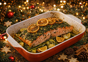 Семга, запеченная с травами и карамелизованным лимоном
