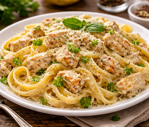 Паста с курицей в сливочном соусе