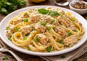 Паста с курицей в сливочном соусе