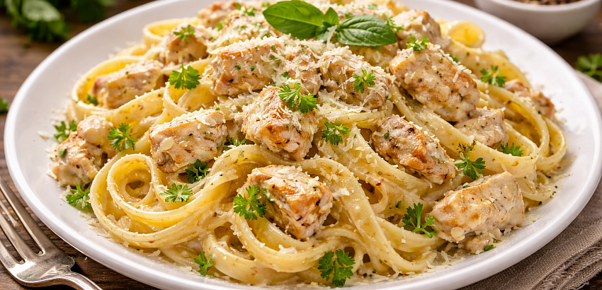 Паста с курицей в сливочном соусе