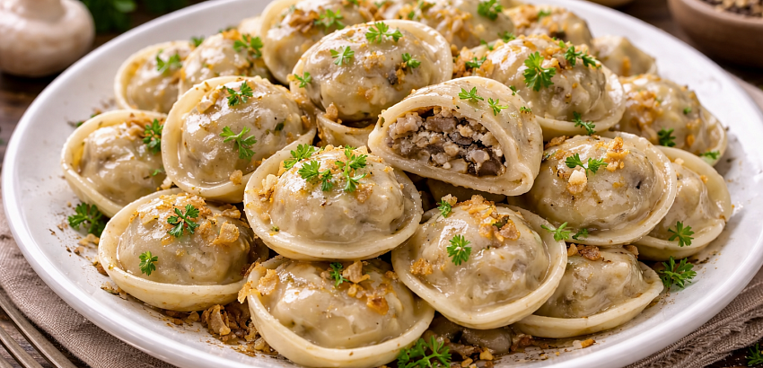 Постные пельмени с грибами