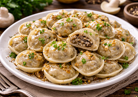 Постные пельмени с грибами